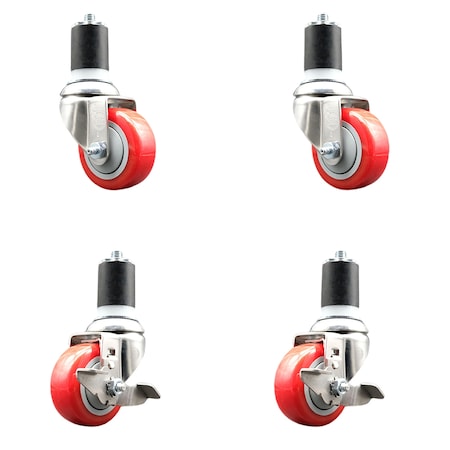 3.5 Inch 316SS Red Poly Swivel 1-7/8 Inch Expanding Stem Caster Brake, 2PK